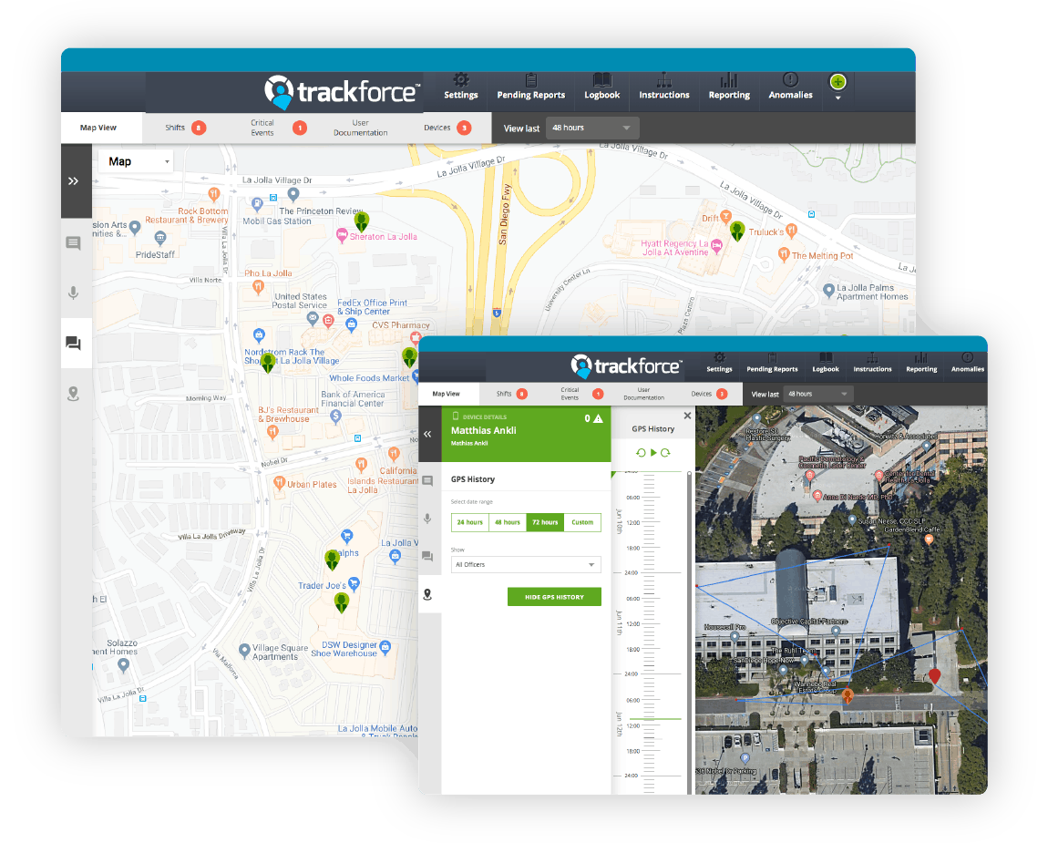 Cuadro de mando de geolocalización del guardia Trackforce Valiant