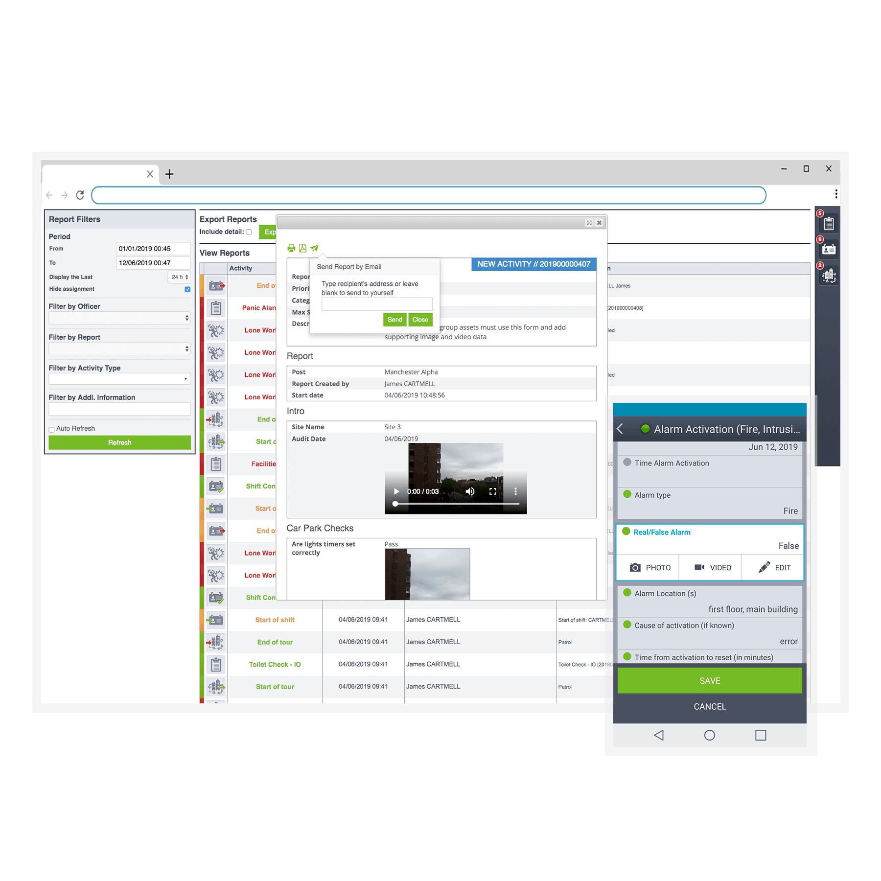 Trackforce Valiant guard tour reporting dashboard